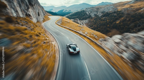 Driving a Luxury Car on Scenic Mountain Road with Autumn Landscape
