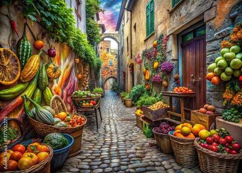 Medieval Alleyway Graffiti Food Photography Stock Photo