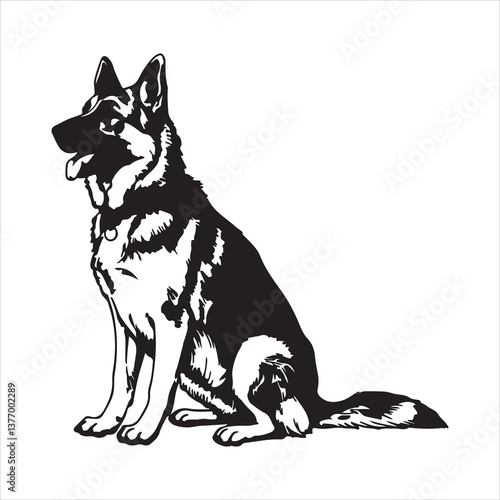 Black and White German Shepherd Dog Illustration – Detailed Sitting Pose