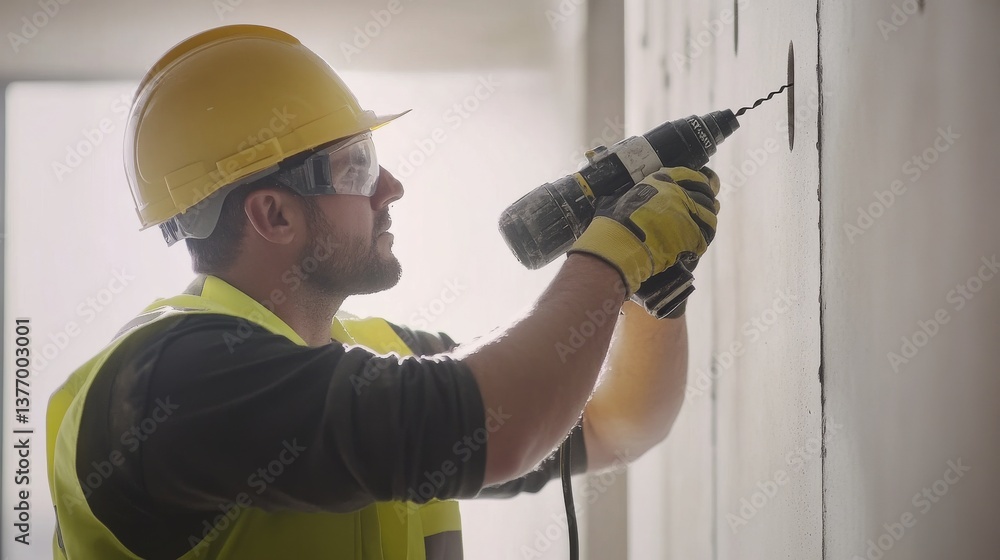 A construction worker drilling into a wall with a power drill. Featuring concentration and effort A construction worker drilling into a wall with a power drill. Featuring concentration and effort