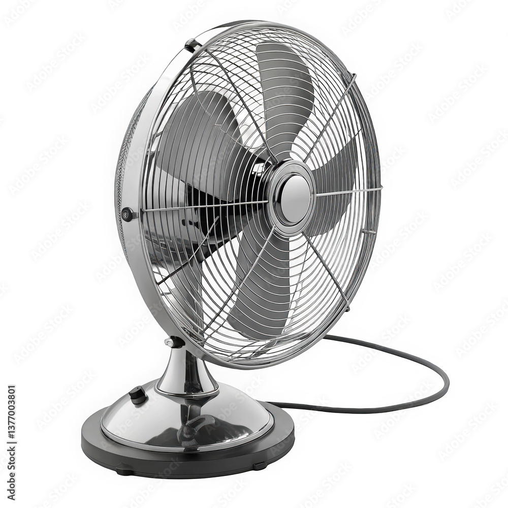 A retro-style metal fan with a shiny chrome finish, featuring a sturdy base and large blades, exuding a vintage charm and providing a refreshing breeze. A retro-style metal fan with a shiny chrome finish, featuring a sturdy base and large blades, exuding a vintage charm and providing a refreshing breeze.