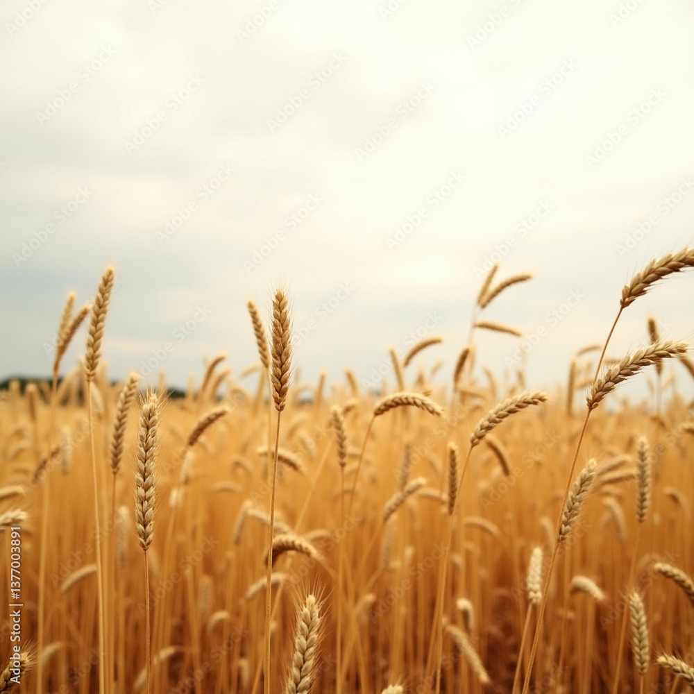 Fototapeta premium sun-kissed golden field of wheat, with delicate stalks gently swaying in the soft breeze, stretches as far as the eye can see, set against a vast, overcast sky with a subtle gradation of soft grays
