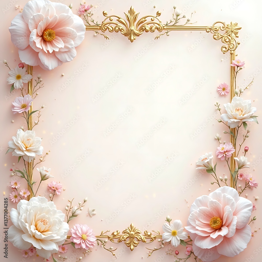 Fototapeta premium Elegant white and pink floral frame with delicate gold foil accents, soft pastel tones, and subtle light effects for a classy Mother’s Day design.