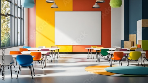 Brightly colored classroom interior with blank whiteboard display