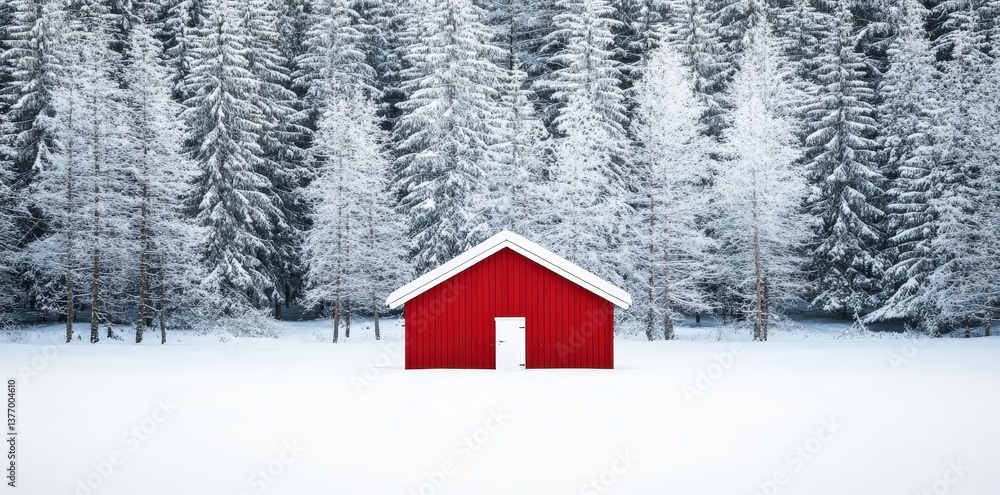 A solitary red cabin stands amidst a snowy landscape, surrounded by frosted evergreen trees, evoking a sense of tranquility and winter beauty. A solitary red cabin stands amidst a snowy landscape, surrounded by frosted evergreen trees, evoking a sense of tranquility and winter beauty.