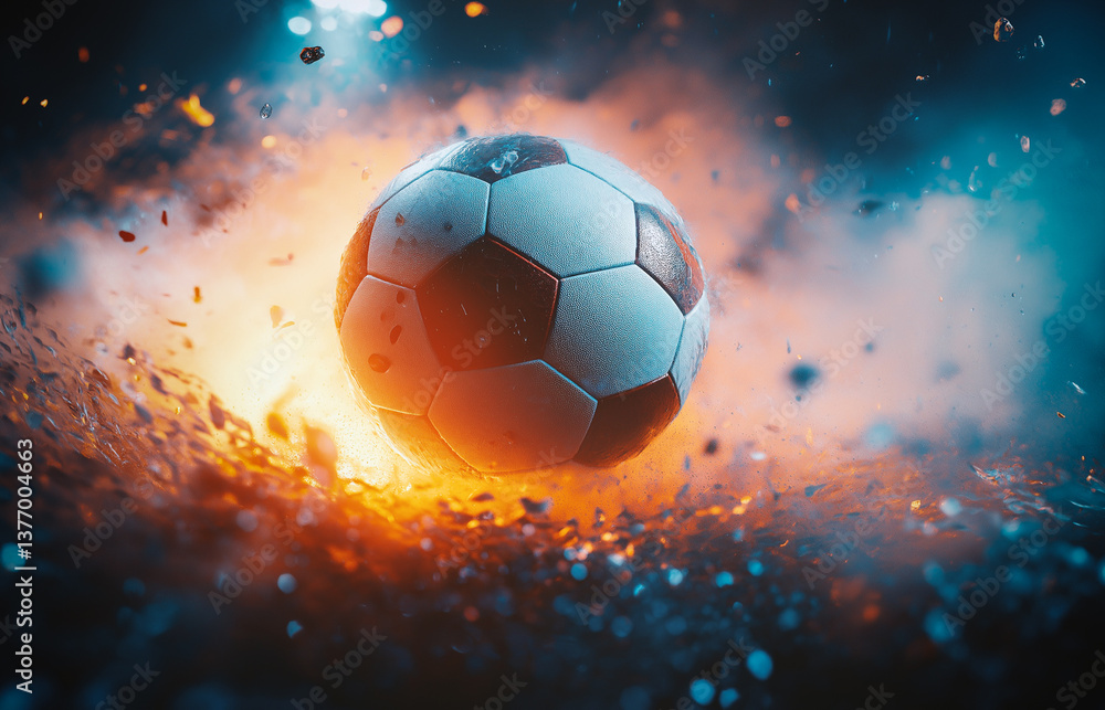 Fototapeta premium Football sport wallpaper background. Soccer ball close up. Spotlight cinematic scene for sports background.