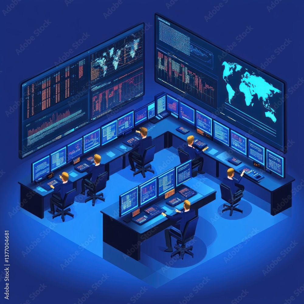 Isometric Illustration of Control Room for Space Flight Mission with Monitors and Global Map