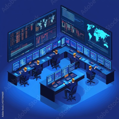 Obraz na płótnie Isometric Illustration of Control Room for Space Flight Mission with Monitors and Global Map w salonie