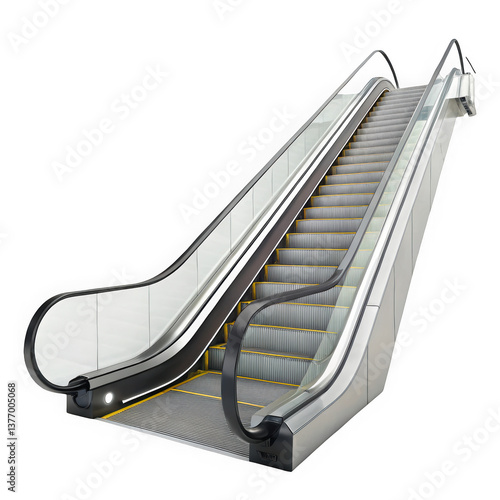 A modern, sleek escalator with a polished metallic finish and illuminated handrails, leading upward in a bright, minimalist setting.