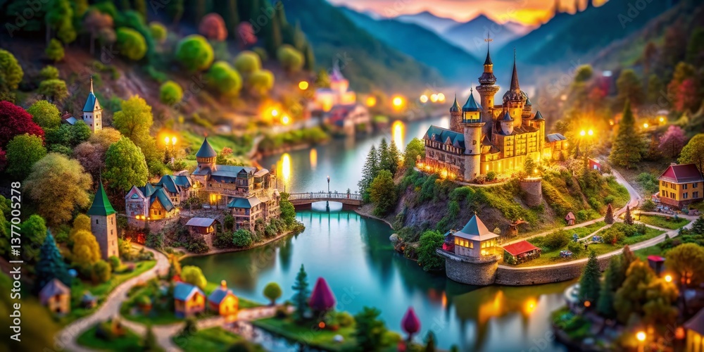 Fototapeta premium Miniature Fantasy Kingdom, Whimsical Town, Magical Landscape, Tilt-Shift Photography