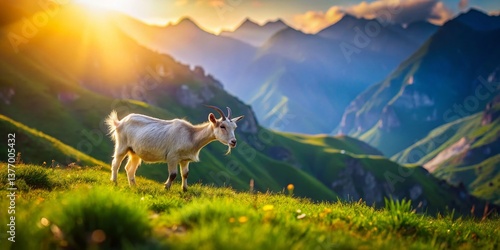 Miniature Goat in Mountain Meadow, Tilt-Shift Photography