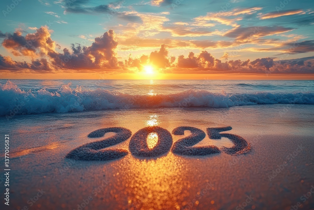 Serene Beach Sunset with 2025 in Sand Reflections and Tropical Vibes