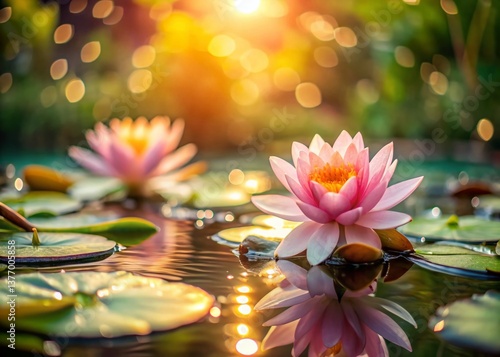 Miniature Lotus Flowers in Sunlight, Tilt-Shift Photography