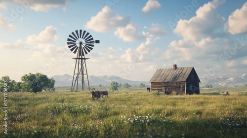 Windmill and Rustic Cabin in a Sunny Rural Meadow Landscape