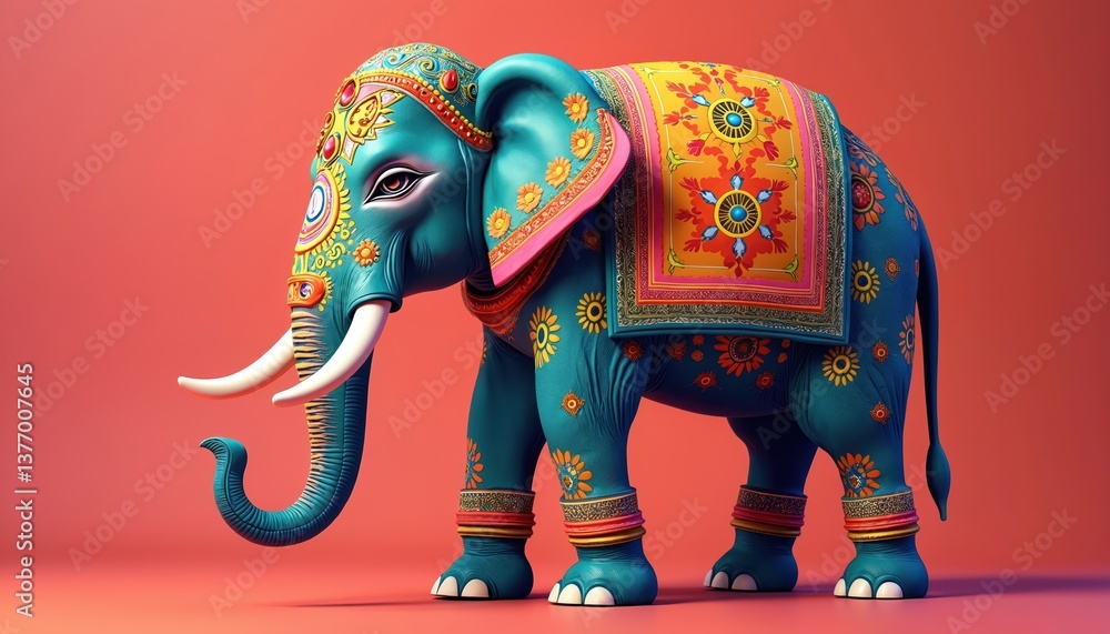 Obraz premium Vibrant artistic depiction of elephant with traditional Indian decorations. Celebrate cultural significance. Colorful figurine isolated against solid background. Perfect for design projects, cultural