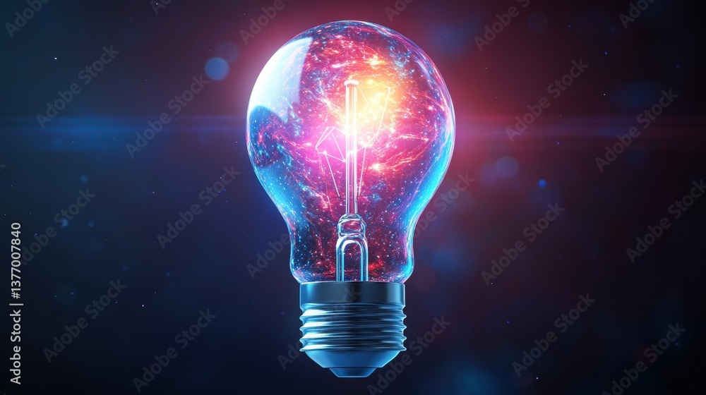 A Glowing Light Bulb Filled with Vibrant Nebula Energy Set Against a Dark Cosmic Backdrop for Futuristic and Inspirational Imagery Creation A Glowing Light Bulb Filled with Vibrant Nebula Energy Set Against a Dark Cosmic Backdrop for Futuristic and Inspirational Imagery Creation