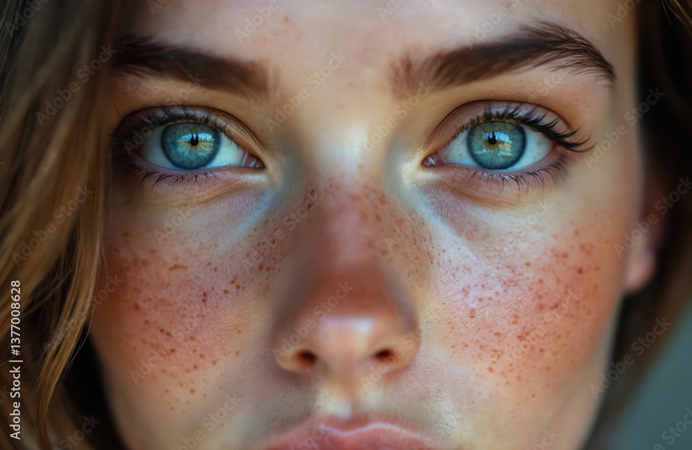 Fototapeta premium Close-up portrait young woman with freckles. Beautiful female face with blue eyes, natural skin. Portrait photo for beauty, cosmetics, fashion, lifestyle, skincare product ads.