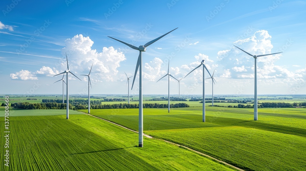 Wind turbines generating renewable clean and sustainable energy in a vast green countryside landscape with clear blue sky and distant clouds Wind turbines generating renewable clean and sustainable energy in a vast green countryside landscape with clear blue sky and distant clouds