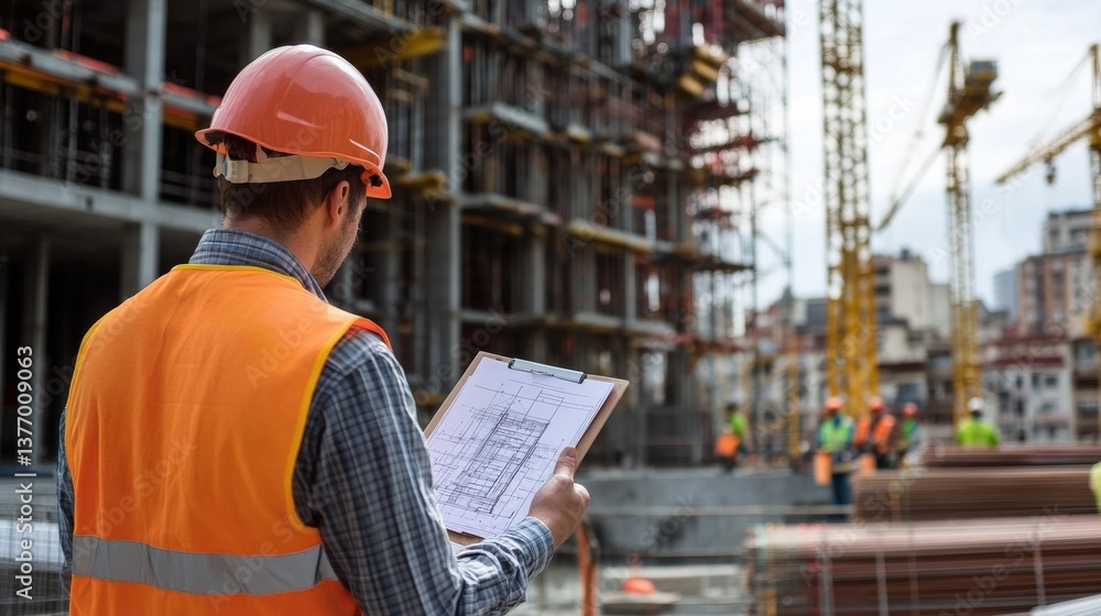 A construction worker inspecting a building structure at a job site. Featuring focus and responsibility A construction worker inspecting a building structure at a job site. Featuring focus and responsibility