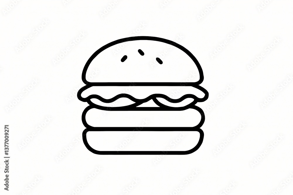 Simple black and white burger icon with double patty and lettuce in minimal line art style
Simple black and white burger icon with double patty and lettuce in minimal line art style