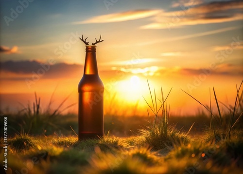 Minimalist Deer Silhouette with Beer Bottle, Sunset Meadow