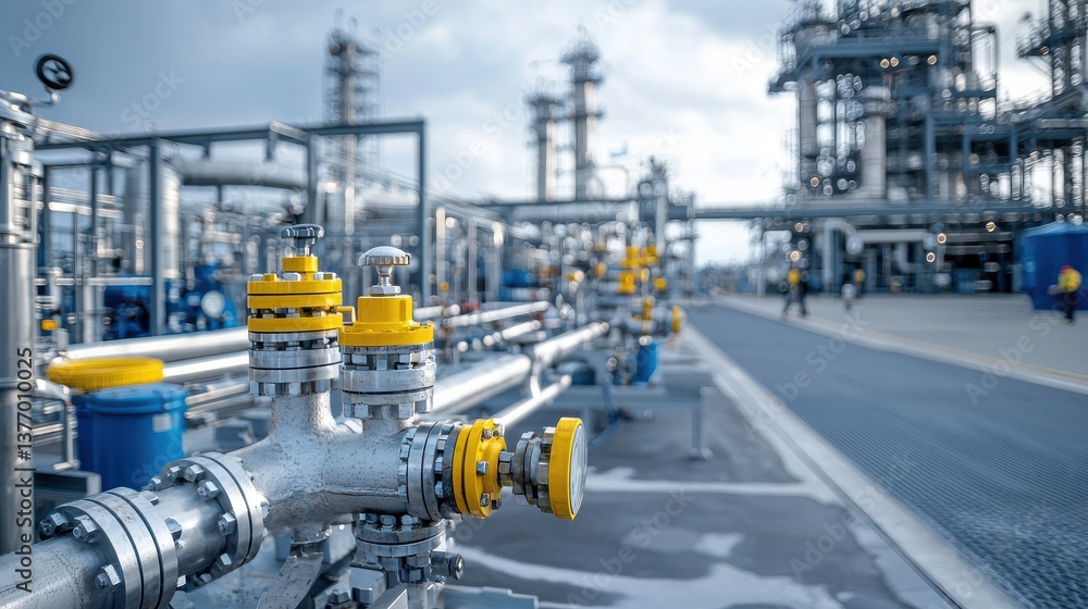 A complex industrial refinery facility with intricate pipeline systems valves and other situated in an urban landscape A complex industrial refinery facility with intricate pipeline systems valves and other situated in an urban landscape