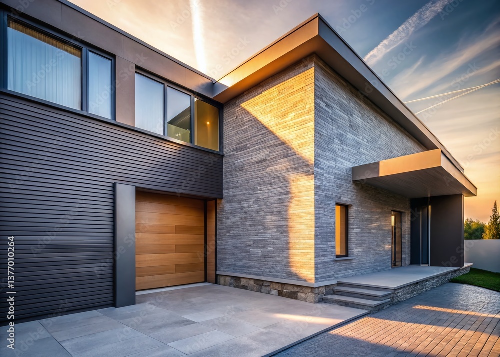 Minimalist Grey Siding and Stone House Exterior - Modern Architecture Stock Photo Minimalist Grey Siding and Stone House Exterior - Modern Architecture Stock Photo