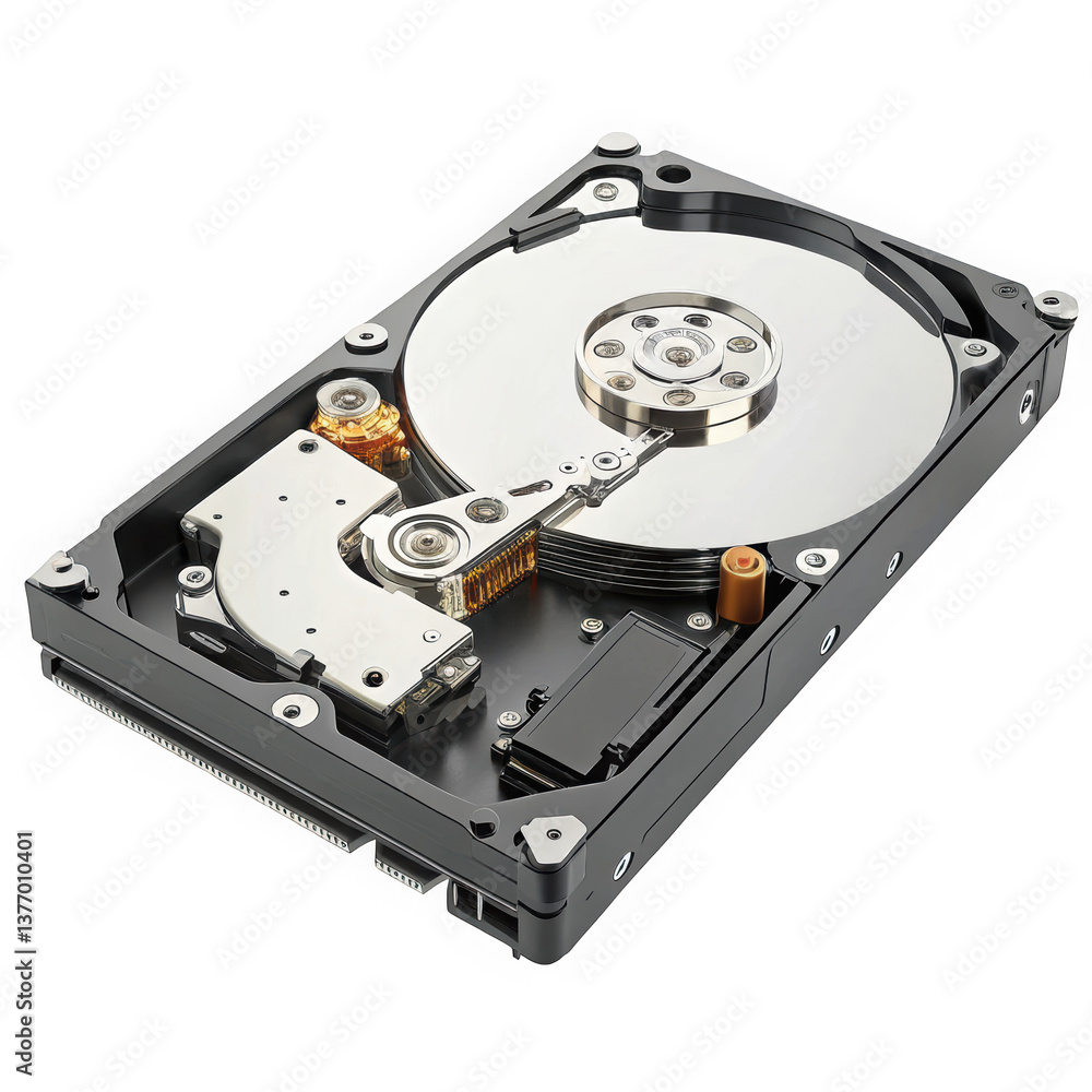 An internal view of a hard disk drive showcasing intricate components and metallic surfaces. The device highlights precision engineering in data storage technology. An internal view of a hard disk drive showcasing intricate components and metallic surfaces. The device highlights precision engineering in data storage technology.