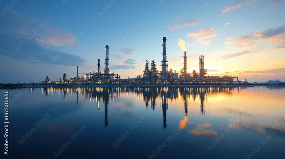 Naklejka premium Stunning reflection of a large oil refinery complex with multiple towers and chimneys against a colorful sunset sky mirrored in the calm waters below
