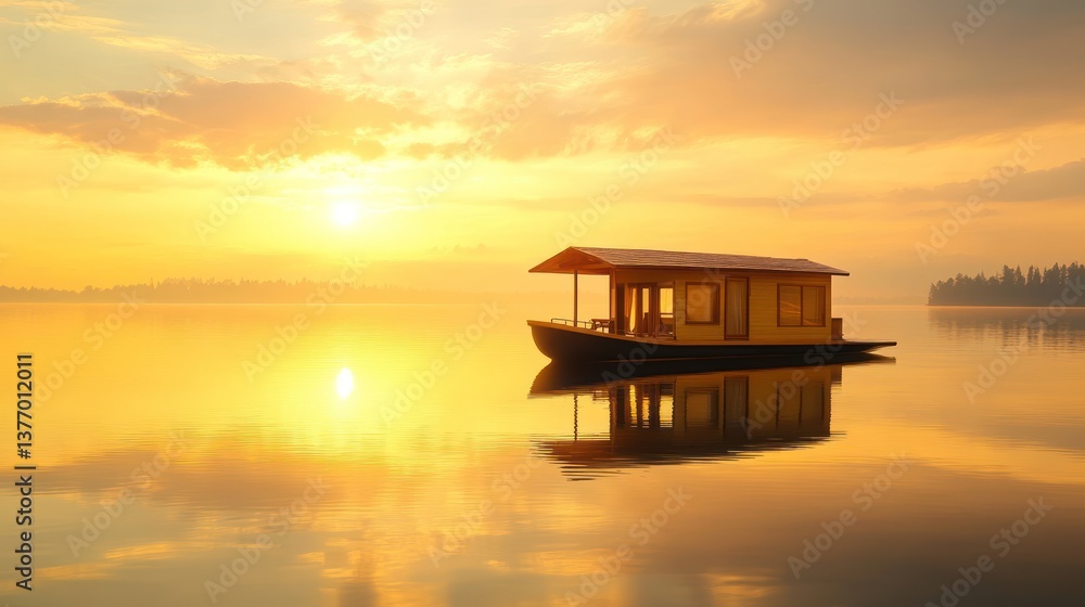 Houseboat on Calm Water at Golden Sunset Peaceful Floating Home Houseboat on Calm Water at Golden Sunset Peaceful Floating Home