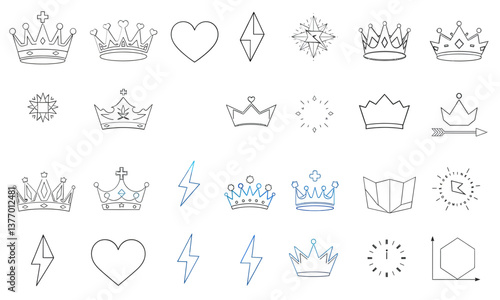 Crown icons in various styles, including hearts, stars, and lightning symbols, create playful and regal theme. These designs can be used for celebrations, events, or creative projects