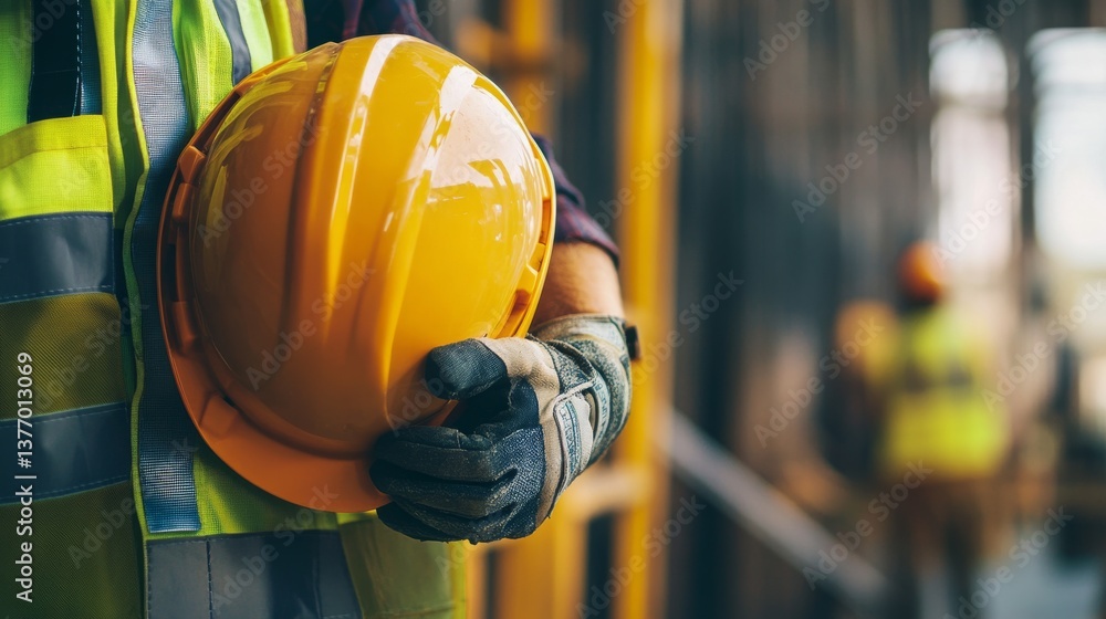 A construction worker inspecting safety gear at a job site. Featuring safety and preparedness A construction worker inspecting safety gear at a job site. Featuring safety and preparedness