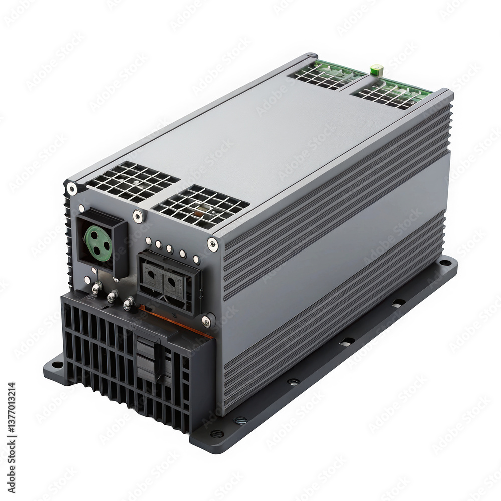 Obraz premium A modern, high-performance power inverter unit featuring advanced cooling vents and multiple connection ports, designed for efficient energy conversion.