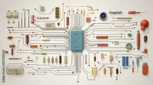 Artistic handinked circuit diagram displaying electronic components studio setting digital art creative environment aesthetic viewpoint