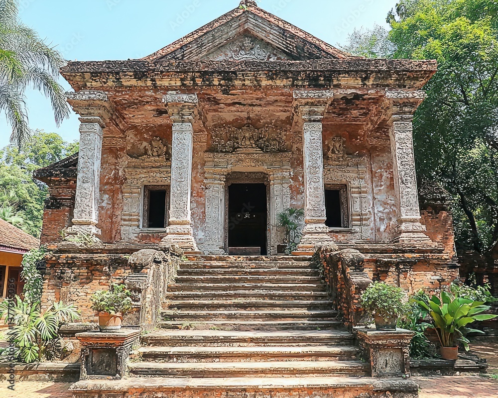 Naklejka premium Weathered stone structure with columns, stairs, and lush greenery. Shows signs of age and decay, yet retains architectural detail