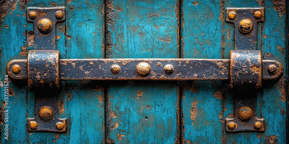 Weathered teal wood door with rustic, aged metal latch Weathered teal wood door with rustic, aged metal latch