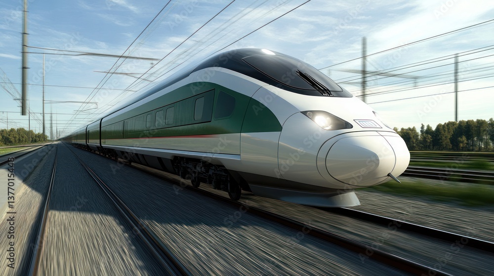 Fototapeta premium Speeding Modern High Speed Train on Tracks Through Countryside Landscape