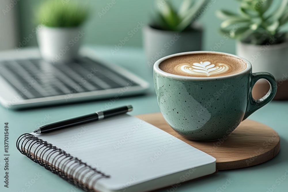 Minimalist flat lay composition with laptop keyboard blank notebook pen green coffee cup and small plant Minimalist flat lay composition with laptop keyboard blank notebook pen green coffee cup and small plant