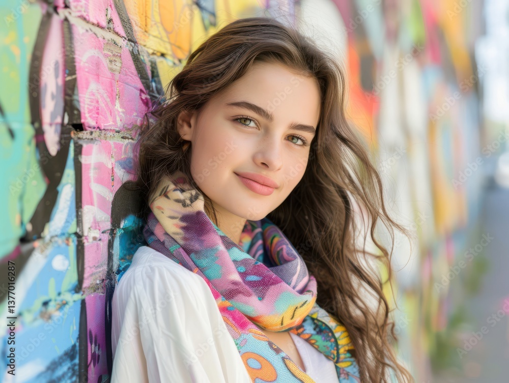 Fototapeta premium Fashion model posing against colorful street art urban setting portrait photography vibrant environment close-up view