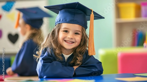 Bright future, Adorable girl radiates joy on kindergarten graduation day