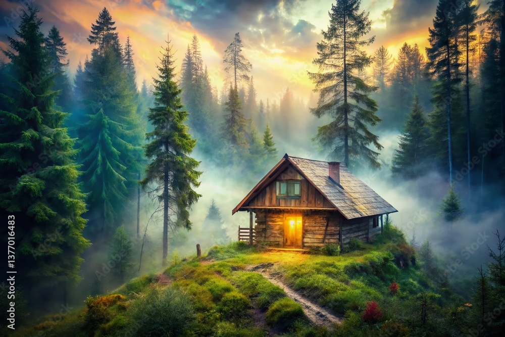 Mystical Wooden Cabin in Foggy Forest - Double Exposure Stock Photo Mystical Wooden Cabin in Foggy Forest - Double Exposure Stock Photo