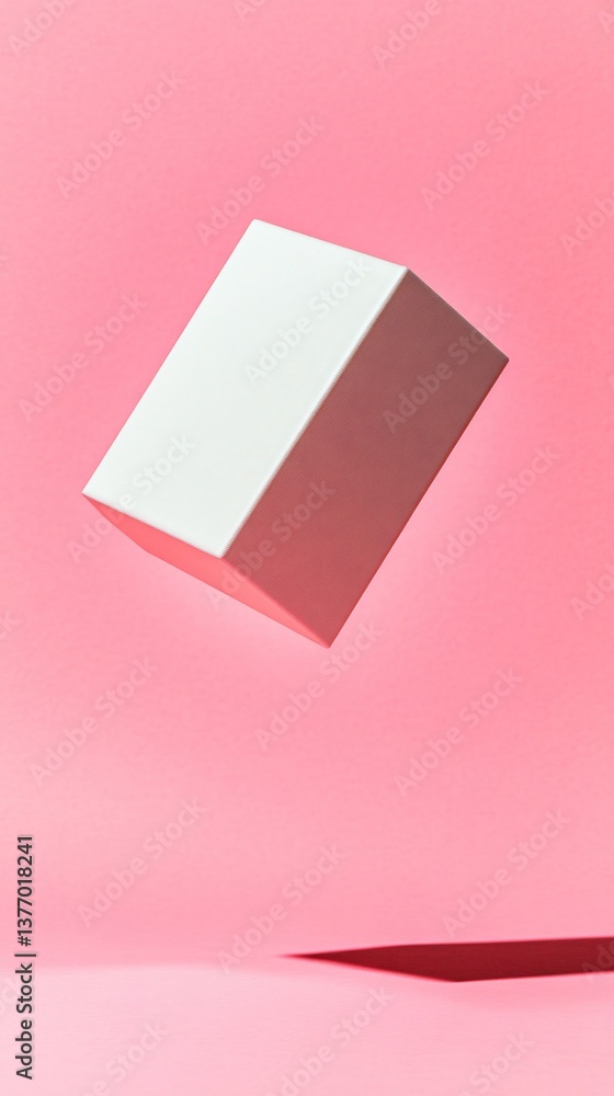 White block suspended mid-air, casting shadow. Pink background White block suspended mid-air, casting shadow. Pink background
