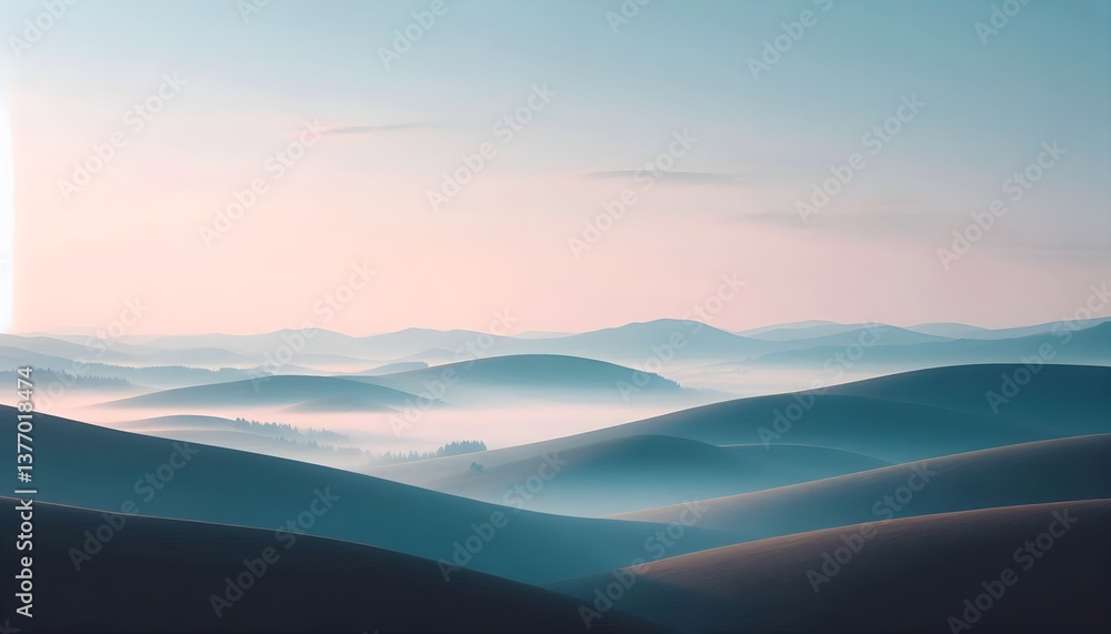 Fototapeta premium Peaceful countryside view with misty rolling hills and a delicate gradient sunset.