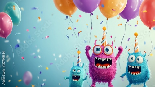 Whimsical Celebration, Playful Monsters Under a Shower of Confetti and Balloons