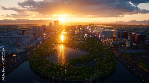 Aerial view of Las Vegas skyline at sunset showcasing city streets illuminated with warm glow and central park reflecting pool, serene evening atmosphere