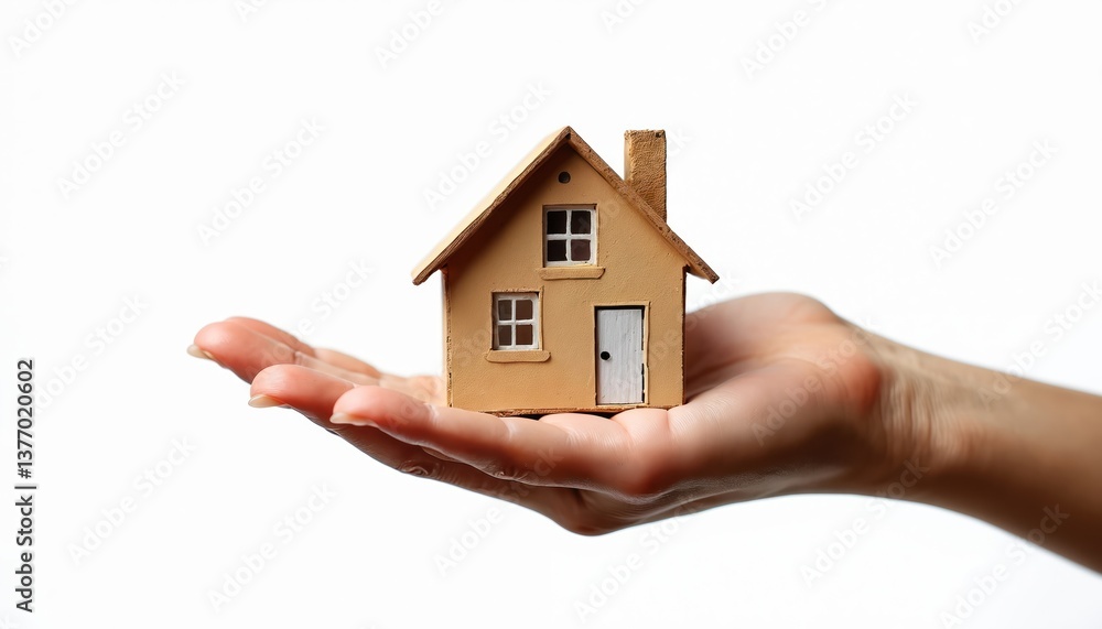 Hand holds model house. Real estate buy concept. Hand displaying small house, representing dream, investment, new beginnings. Residential property purchase, mortgage loan, home ownership symbol. Hand holds model house. Real estate buy concept. Hand displaying small house, representing dream, investment, new beginnings. Residential property purchase, mortgage loan, home ownership symbol.
