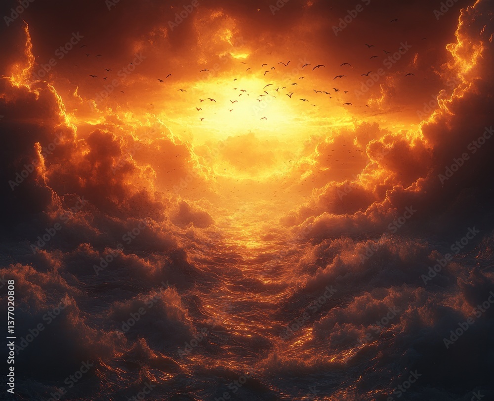 Fototapeta premium New Year Celebration 2025 Bright Sunrise Beautiful Sky Birds Flight Joyful Morning Peaceful Day