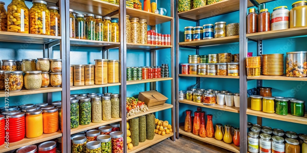 Organized Food Pantry Shelves: Donated Groceries Supporting Community Needs Organized Food Pantry Shelves: Donated Groceries Supporting Community Needs