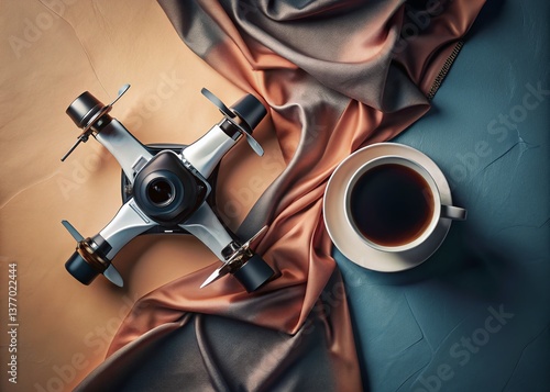 Modern Mocha Mug Reflection: Drone-View Flatlay, Black & White