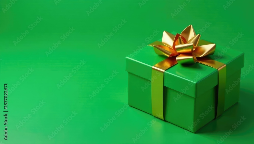 Green Christmas gift box with gold bow on green background, gold, gift Green Christmas gift box with gold bow on green background, gold, gift